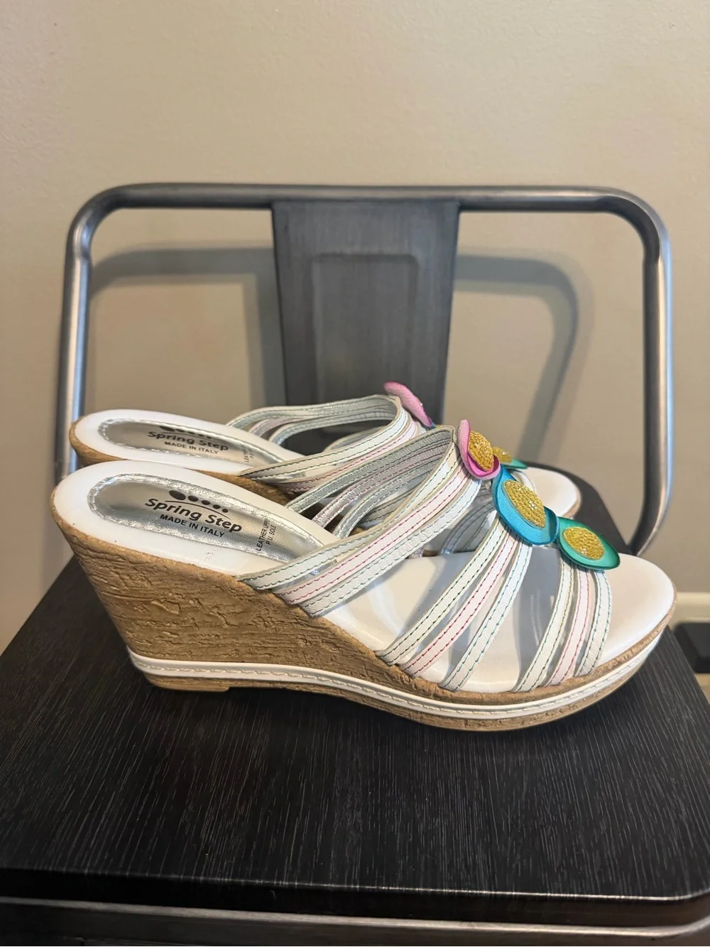Spring Step Italy Leather Floral Wedge Slide Sandals EU 39. 8.5